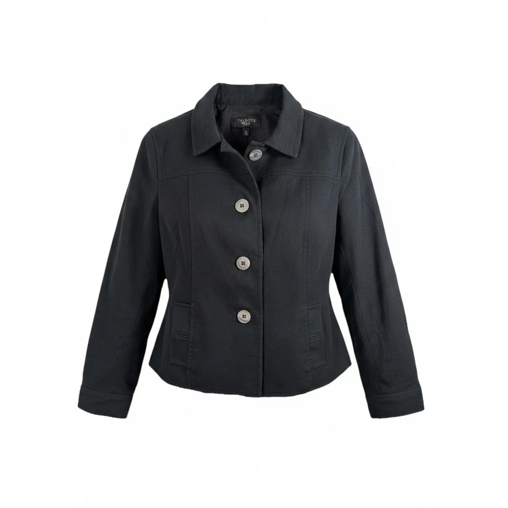 Talbots Jacket‎ Cotton Twill Black Buttons Tailored Women 10P Petite Preppy EUC